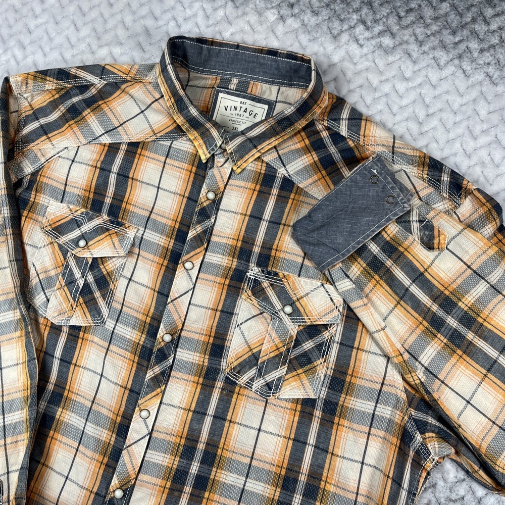 BKE Pearl Snap Grey Orange Plaid Mens Button Down Long Sleeve Shirt XXL Western